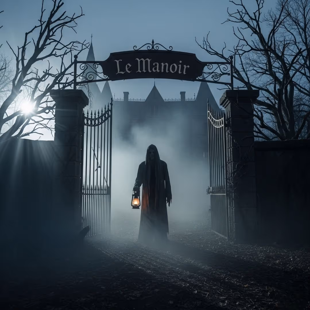 L’entrée du Manoir : une silhouette à la lanterne dans la brume